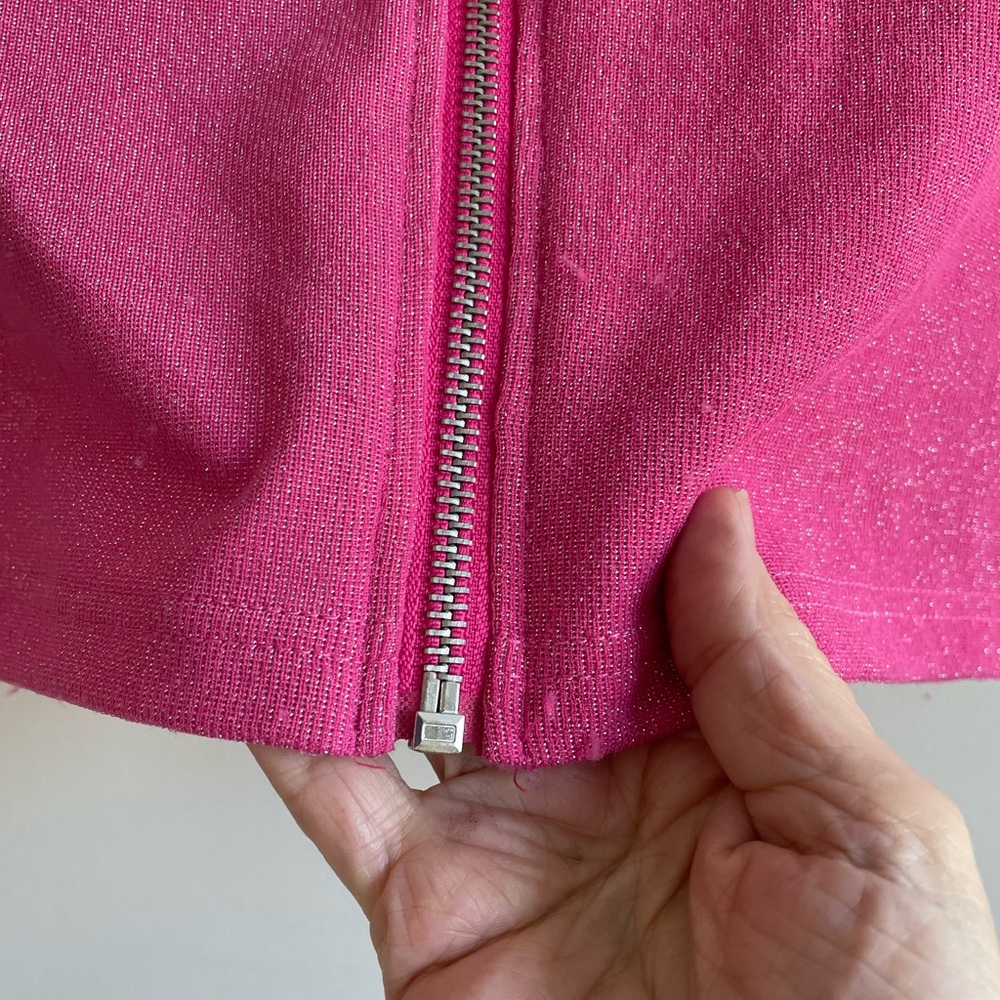 HOT PINK SHORT SLEEVE SKIRT SET DOLLS KILL SILVER ZIPPERS GLITTER STRETCH - Picture 14 of 17